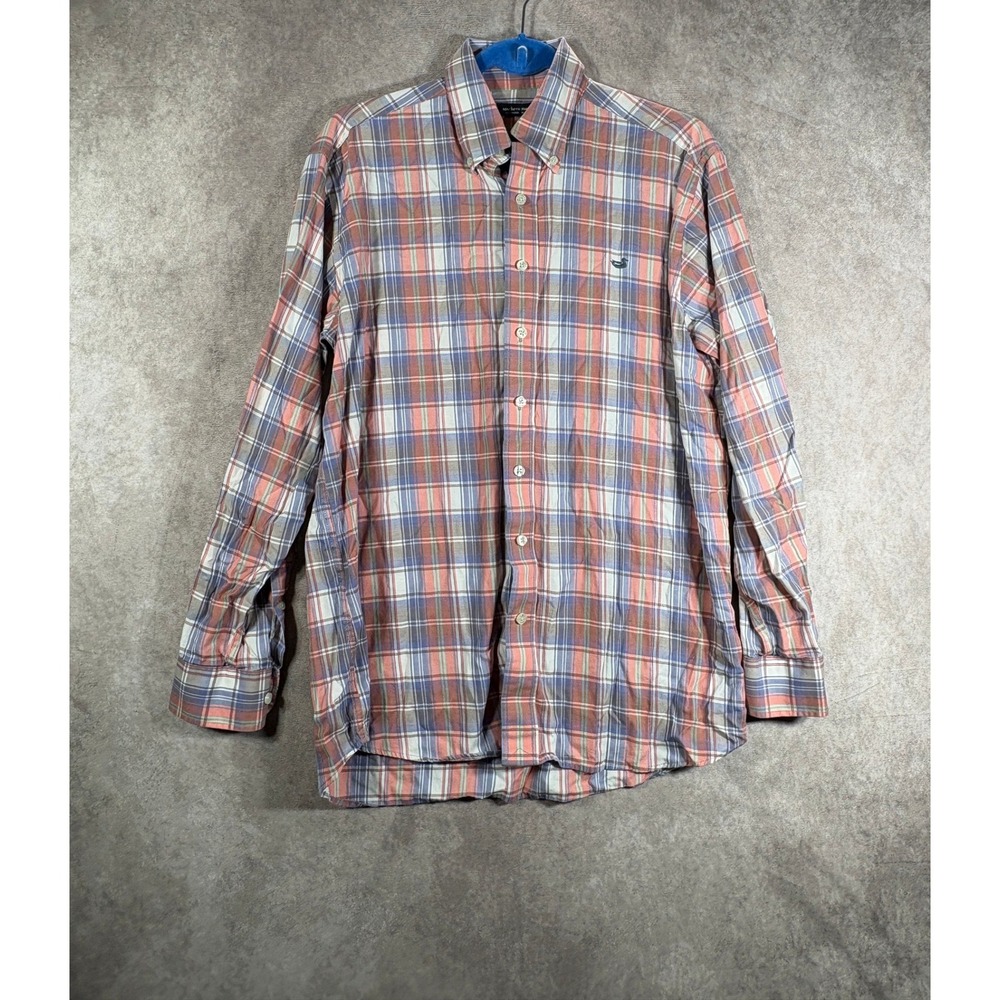 Southern Marsh Button Down Shirt Men Medium Orange Blue Plaid Long Sleeve Cotton